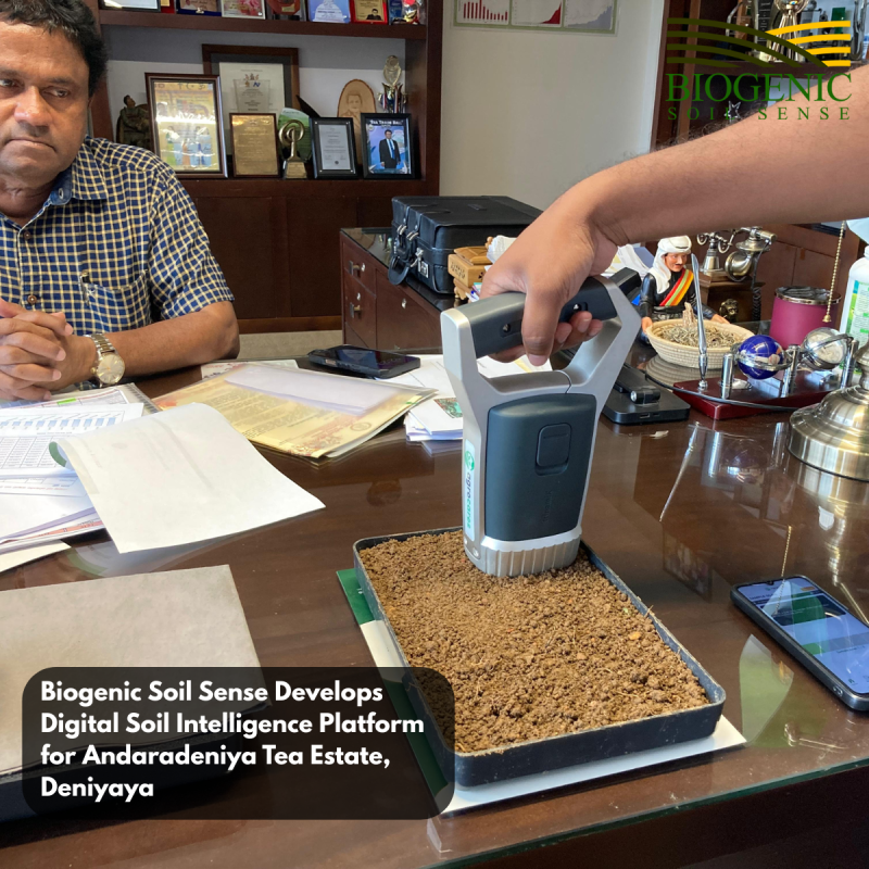 Biogenic Soil Sense Develops Digital Soil Intelligence Platform for Andaradeniya Tea Estate, Deniyaya

07 August 2026 | Andaradeniya Tea Estate, Deniyaya

Biogenic Soil Sense successfully carried out a tea estate soil nutrient analysis and digital soil intelligence platform development project at Andaradeniya Tea Estate, Deniyaya, on 07 August 2026.

The project was designed to move beyond conventional soil testing by developing a structured, location-based understanding of soil nutrient conditions across the tea-growing property.

The Biogenic Soil Sense team carried out representative soil sampling, sample preparation, rapid soil analysis, GPS-tagged soil data collection, result interpretation, and digital soil profiling to support more informed nutrient management decisions.

Through the BSS Soil Intelligence Platform, soil information can be linked to the property and maintained digitally, providing a foundation for monitoring soil conditions over time and supporting future nutrient-management decisions.

Based on the analyzed soil conditions, the results can be interpreted in relation to the specific requirements of tea cultivation, helping growers make more informed decisions regarding fertilizer application and long-term soil fertility management.

The successful work at Andaradeniya Tea Estate represents another step in expanding rapid soil testing, precision nutrient management, and digital soil intelligence within Sri Lanka’s tea sector.

Biogenic Soil Sense appreciates the cooperation extended by the estate management and staff throughout the field activities.

From a soil sample to actionable soil intelligence.

Know Your Soil. Know Your Nutrition Demand.

BiogenicSoilSense #RapidSoilTesting #NutrientAdvisory #TeaSoilTesting #TeaPlantation #SoilIntelligence #PrecisionAgriculture #Deniyaya #SoilHealth #DigitalAgriculture